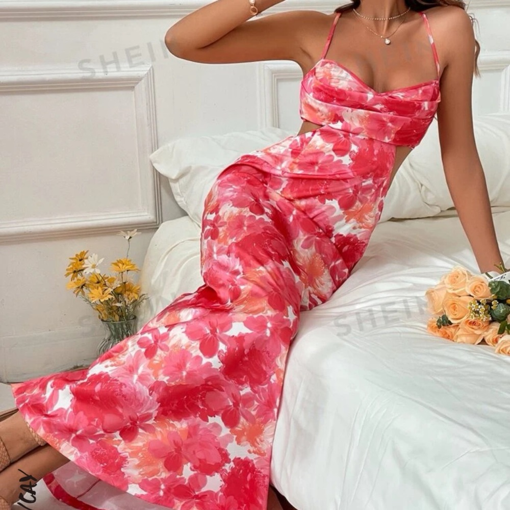 SHEIN floral silk maxi long dress